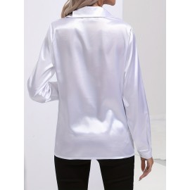 Elegant Satin Blouse, Collar Long Sleeve Work Blouse, Women's Clothing