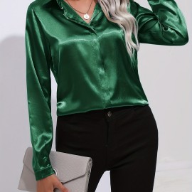 Elegant Satin Blouse, Collar Long Sleeve Work Blouse, Women's Clothing