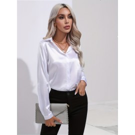 Elegant Satin Blouse, Collar Long Sleeve Work Blouse, Women's Clothing