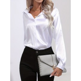 Elegant Satin Blouse, Collar Long Sleeve Work Blouse, Women's Clothing