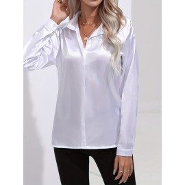 Elegant Satin Blouse, Collar Long Sleeve Work Blouse, Women's Clothing