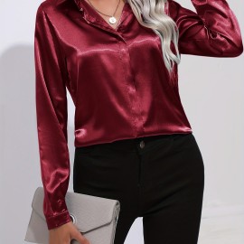 Elegant Satin Blouse, Collar Long Sleeve Work Blouse, Women's Clothing