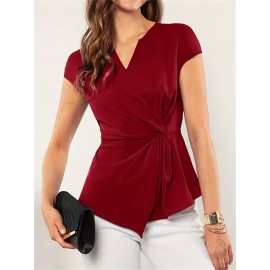 Solid Notched Neck Knot Front Blouse, Elegant Short Sleeve Blouse For Spring & Summer, Women's Clothing