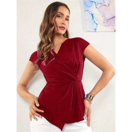 Solid Notched Neck Knot Front Blouse, Elegant Short Sleeve Blouse For Spring & Summer, Women's Clothing