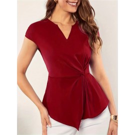 Solid Notched Neck Knot Front Blouse, Elegant Short Sleeve Blouse For Spring & Summer, Women's Clothing