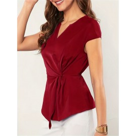 Solid Notched Neck Knot Front Blouse, Elegant Short Sleeve Blouse For Spring & Summer, Women's Clothing