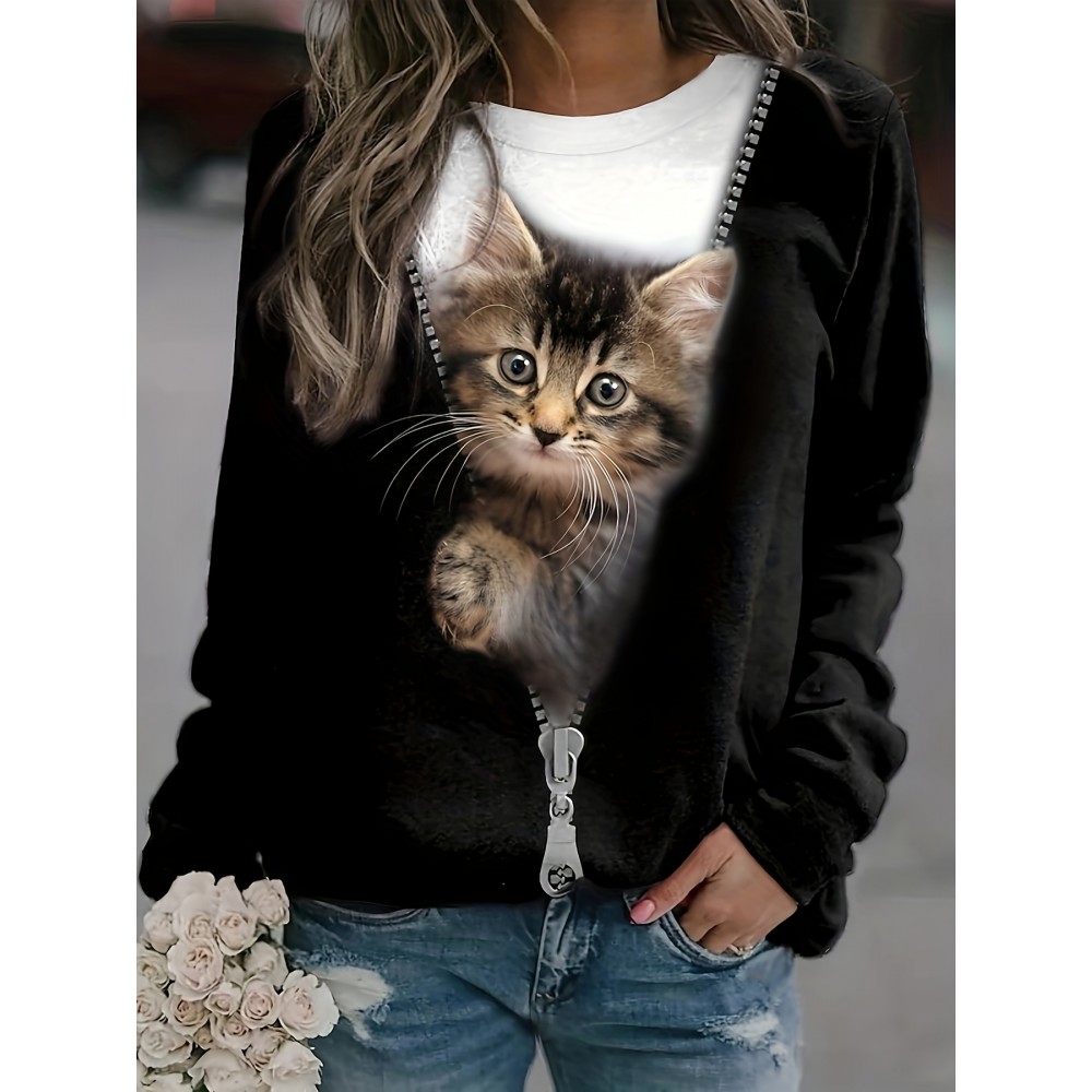 Cat & Zip Print Pullover Sweatshirt, Casual Long Sleeve Crew Neck Sweatshirt, Women's Clothing