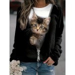 Cat & Zip Print Pullover Sweatshirt, Casual Long Sleeve Crew Neck Sweatshirt, Women's Clothing