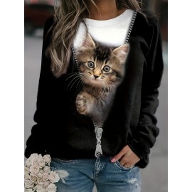 Cat & Zip Print Pullover Sweatshirt, Casual Long Sleeve Crew Neck Sweatshirt, Women's Clothing