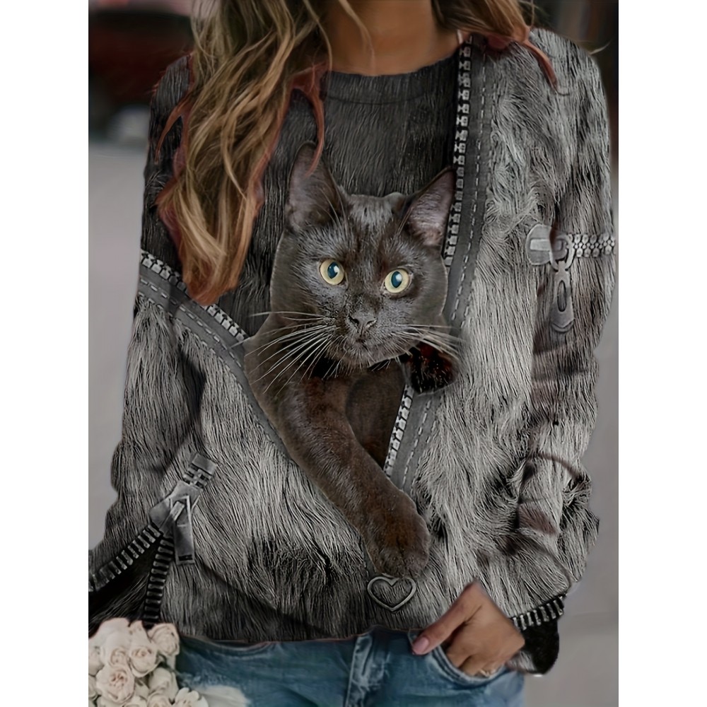 Cat Print Pullover Sweatshirt, Casual Long Sleeve Crew Neck Sweatshirt, Women's Clothing