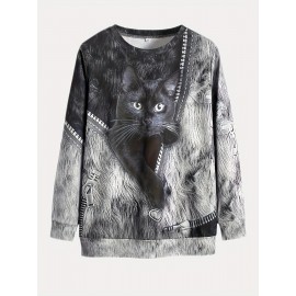 Cat Print Pullover Sweatshirt, Casual Long Sleeve Crew Neck Sweatshirt, Women's Clothing