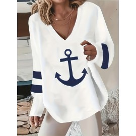 Anchor Print Color Block Sweatshirt, Casual V Neck Long Sleeve Sweatshirt, Women's Clothing