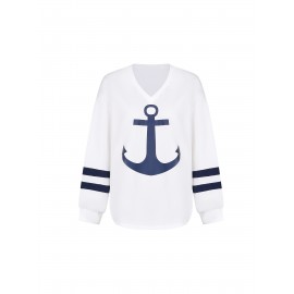 Anchor Print Color Block Sweatshirt, Casual V Neck Long Sleeve Sweatshirt, Women's Clothing