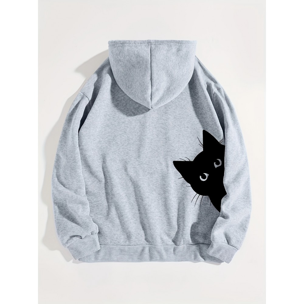 Cute Cat Print Hoodie, Casual Long Sleeve Drawstring Hoodie, Women's Clothing