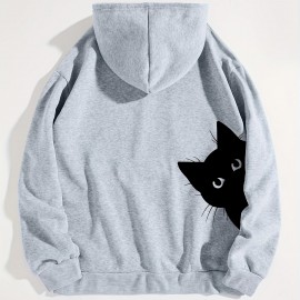 Cute Cat Print Hoodie, Casual Long Sleeve Drawstring Hoodie, Women's Clothing