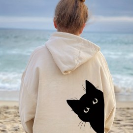 Cute Cat Print Hoodie, Casual Long Sleeve Drawstring Hoodie, Women's Clothing