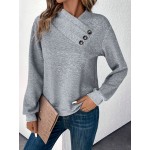 Button Decor Surplice Neck Sweatshirt, Casual Long Sleeve Sweatshirt For Fall & Winter, Women's Clothing