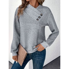 Button Decor Surplice Neck Sweatshirt, Casual Long Sleeve Sweatshirt For Fall & Winter, Women's Clothing