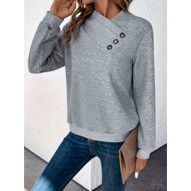 Button Decor Surplice Neck Sweatshirt, Casual Long Sleeve Sweatshirt For Fall & Winter, Women's Clothing