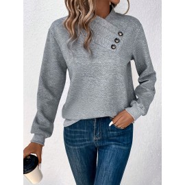 Button Decor Surplice Neck Sweatshirt, Casual Long Sleeve Sweatshirt For Fall & Winter, Women's Clothing