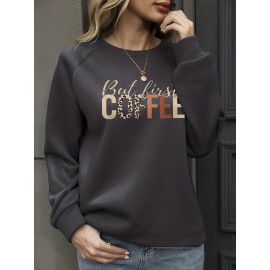 But First Coffee Print Pullover Sweatshirt, Casual Long Sleeve Crew Neck Sweatshirt For Spring & Fall, Women's Clothing