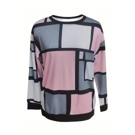 Geo Print Color Block Crew Neck Pullover Sweatshirt, Casual Long Sleeve Sweatshirt For Spring & Fall, Women's Clothing