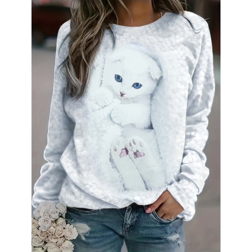 Cute Cat Print Pullover Sweatshirt, Casual Long Sleeve Crew Neck Sweatshirt For Fall & Winter, Women's Clothing