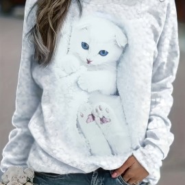 Cute Cat Print Pullover Sweatshirt, Casual Long Sleeve Crew Neck Sweatshirt For Fall & Winter, Women's Clothing