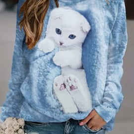 Cute Cat Print Pullover Sweatshirt, Casual Long Sleeve Crew Neck Sweatshirt For Fall & Winter, Women's Clothing