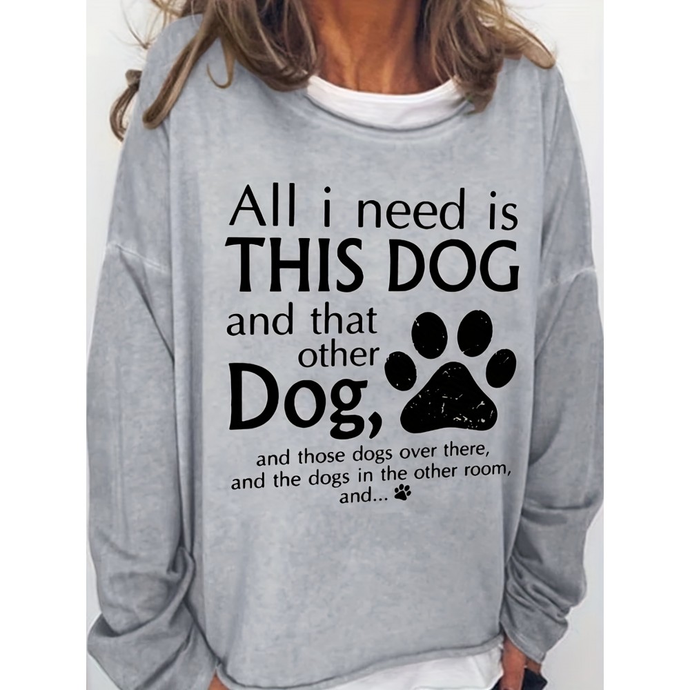 Dog & Paw Print Crew Neck Sweatshirt, Casual Long Sleeve Sweatshirt For Spring & Fall, Women's Clothing