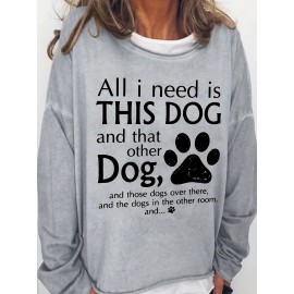 Dog & Paw Print Crew Neck Sweatshirt, Casual Long Sleeve Sweatshirt For Spring & Fall, Women's Clothing