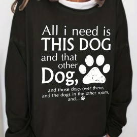 Dog & Paw Print Crew Neck Sweatshirt, Casual Long Sleeve Sweatshirt For Spring & Fall, Women's Clothing