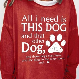 Dog & Paw Print Crew Neck Sweatshirt, Casual Long Sleeve Sweatshirt For Spring & Fall, Women's Clothing