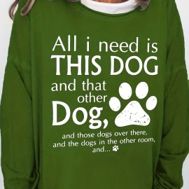 Dog & Paw Print Crew Neck Sweatshirt, Casual Long Sleeve Sweatshirt For Spring & Fall, Women's Clothing