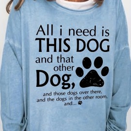 Dog & Paw Print Crew Neck Sweatshirt, Casual Long Sleeve Sweatshirt For Spring & Fall, Women's Clothing