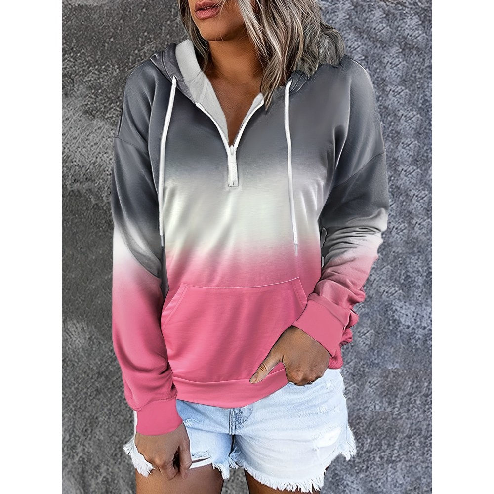 Color Block Drawstring Half Zip Hoodies, Street Wear Drop Shoulder Kangaroo Pocket Sweatshirt, Women's Clothing