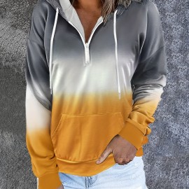 Color Block Drawstring Half Zip Hoodies, Street Wear Drop Shoulder Kangaroo Pocket Sweatshirt, Women's Clothing