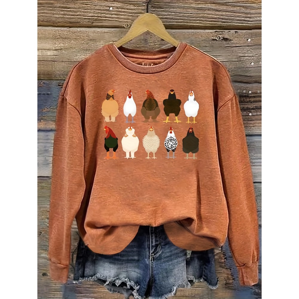 Chicken Print Pullover Sweatshirt, Casual Long Sleeve Crew Neck Sweatshirt For Fall & Winter, Women's Clothing