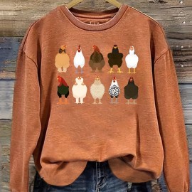 Chicken Print Pullover Sweatshirt, Casual Long Sleeve Crew Neck Sweatshirt For Fall & Winter, Women's Clothing