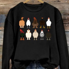 Chicken Print Pullover Sweatshirt, Casual Long Sleeve Crew Neck Sweatshirt For Fall & Winter, Women's Clothing