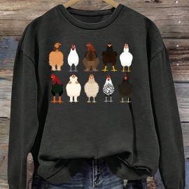 Chicken Print Pullover Sweatshirt, Casual Long Sleeve Crew Neck Sweatshirt For Fall & Winter, Women's Clothing