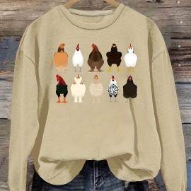 Chicken Print Pullover Sweatshirt, Casual Long Sleeve Crew Neck Sweatshirt For Fall & Winter, Women's Clothing