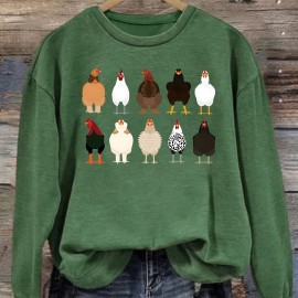 Chicken Print Pullover Sweatshirt, Casual Long Sleeve Crew Neck Sweatshirt For Fall & Winter, Women's Clothing