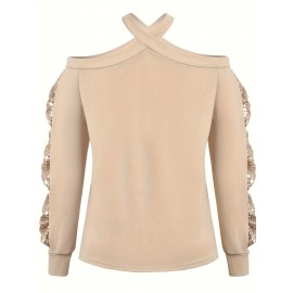 Cold Shoulder Halter Neck Sweatshirt, Stylish Bow Sleeve Pullover Sweatshirt, Women's Clothing