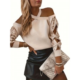 Cold Shoulder Halter Neck Sweatshirt, Stylish Bow Sleeve Pullover Sweatshirt, Women's Clothing