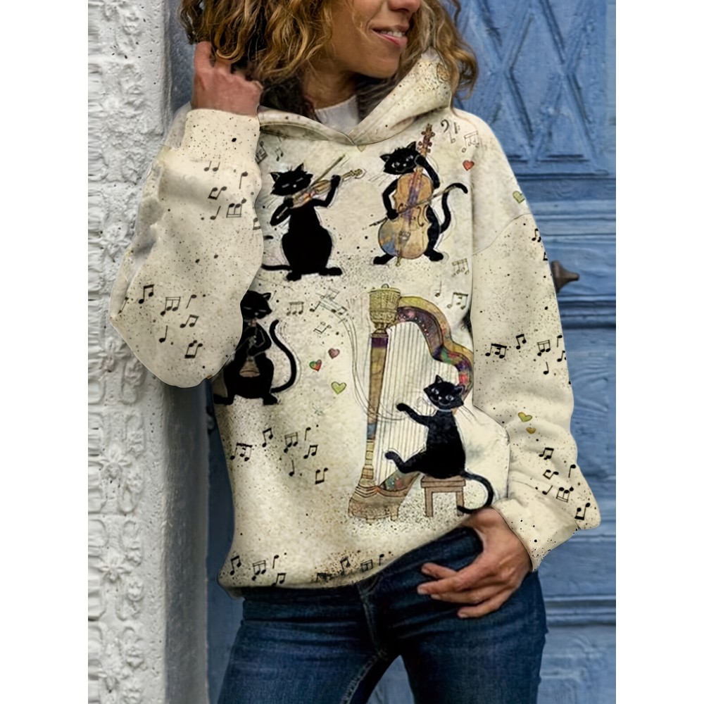 Cat Musician Print Hoodie, Casual Long Sleeve Hoodie Sweatshirt, Women's Clothing