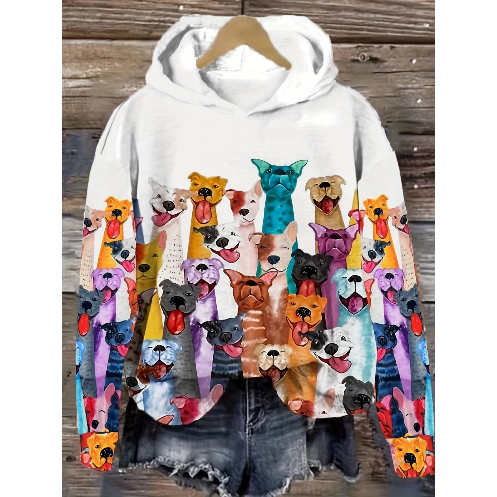 Dogs Print Hoodie, Casual Long Sleeve Drop Shoulder Hoodie, Women's Clothing