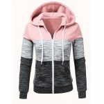 Color Block Zipper Hoodies, Casual Long Sleeve Drawstring Sweatshirt For Fall , Women's Clothing