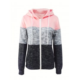 Color Block Zipper Hoodies, Casual Long Sleeve Drawstring Sweatshirt For Fall , Women's Clothing