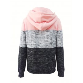 Color Block Zipper Hoodies, Casual Long Sleeve Drawstring Sweatshirt For Fall , Women's Clothing